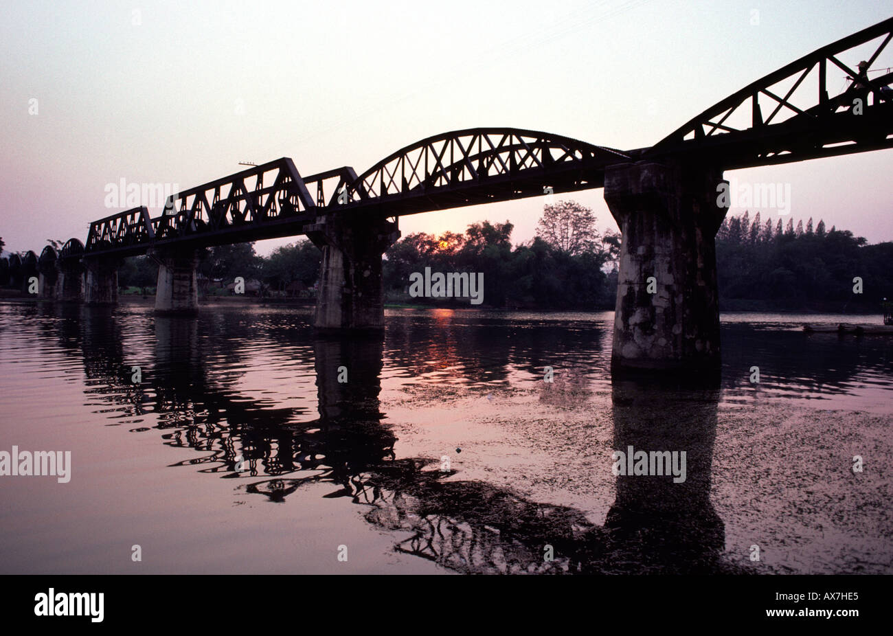 Infamous bridge over River Kwai, built by allied POW´s during WW II. Kanchanaburri, Thailand. Stock Photo