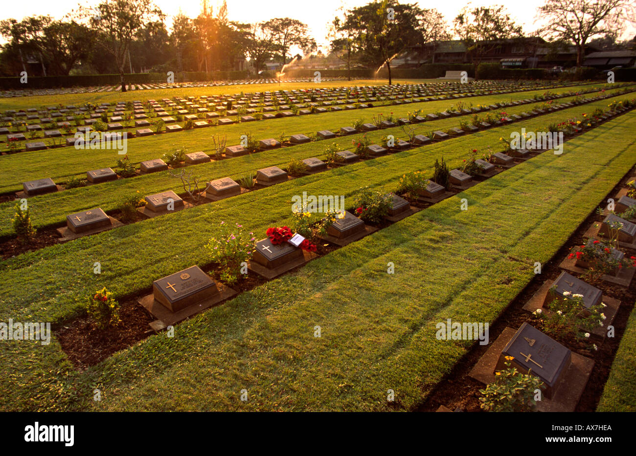 Cemetery for allied POW´s who died while building the railway over the river Kwai. Kanchanaburri, Thailand. Stock Photo