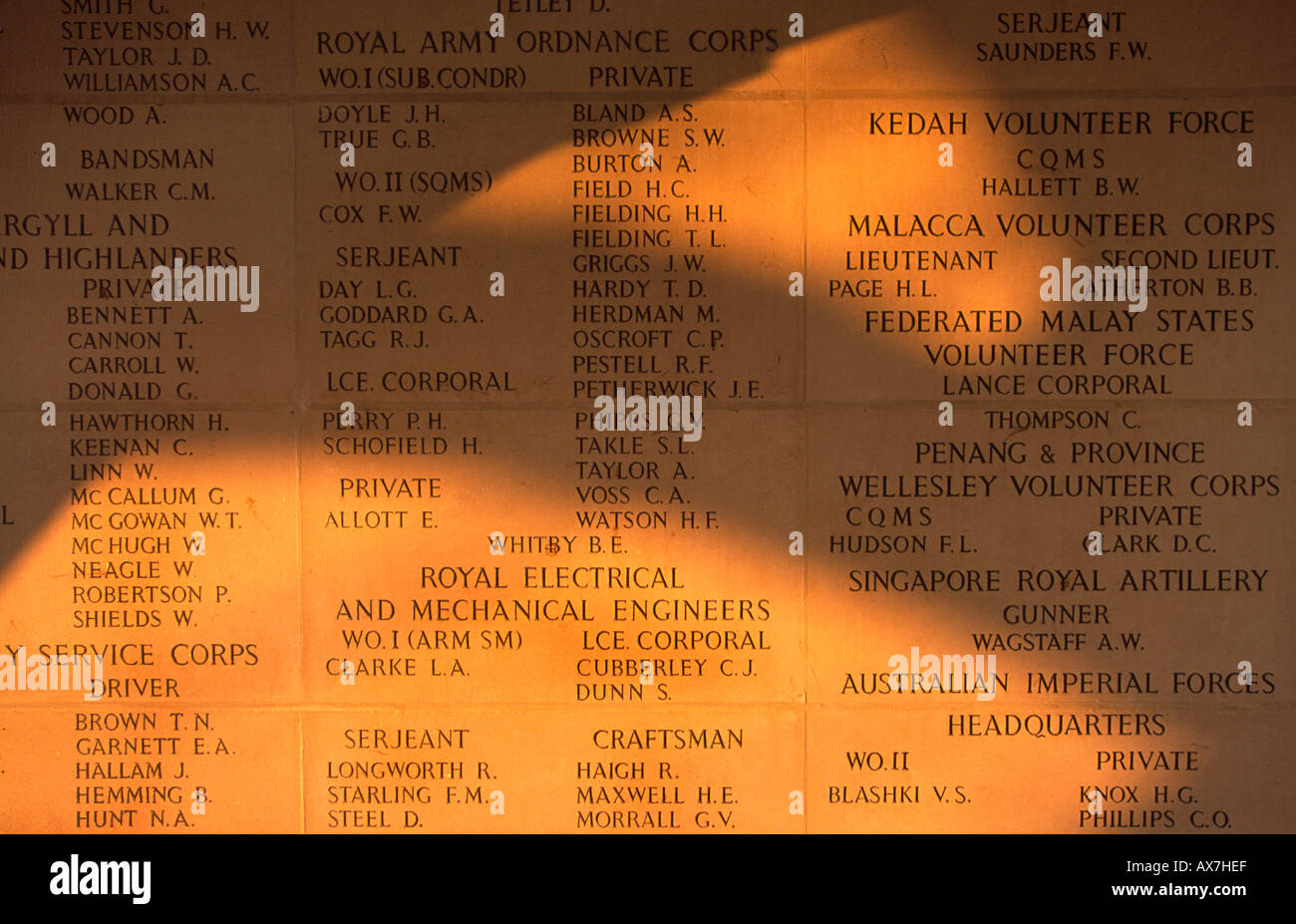 Names of allied POW´s who died while building railway over the river Kwai. Kanchanaburri, Thailand. Stock Photo