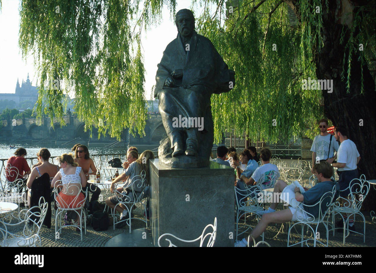 People at a cafe at the Smetana monument, Prague, Czech Republic, Europe Stock Photo