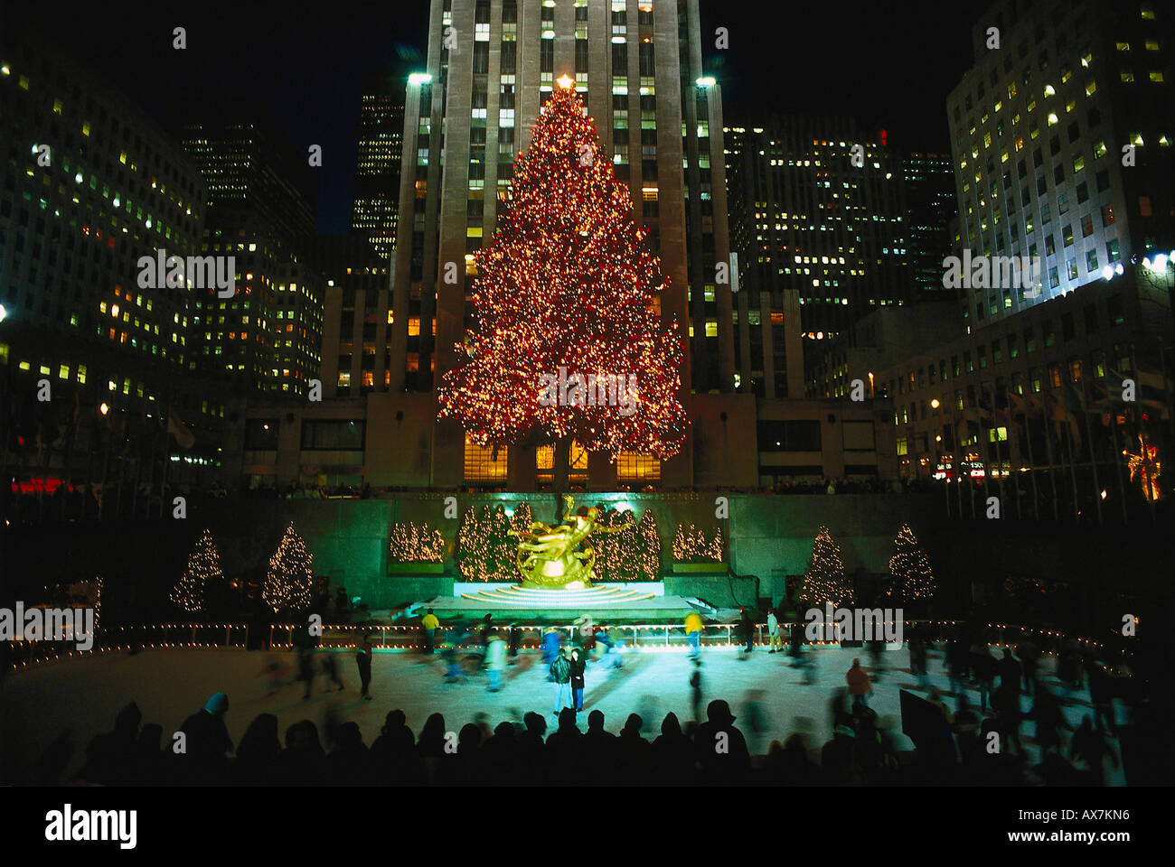 Illuminated christmas trees at the ice skating rink at the Rockefeller Center, Manhattan, New