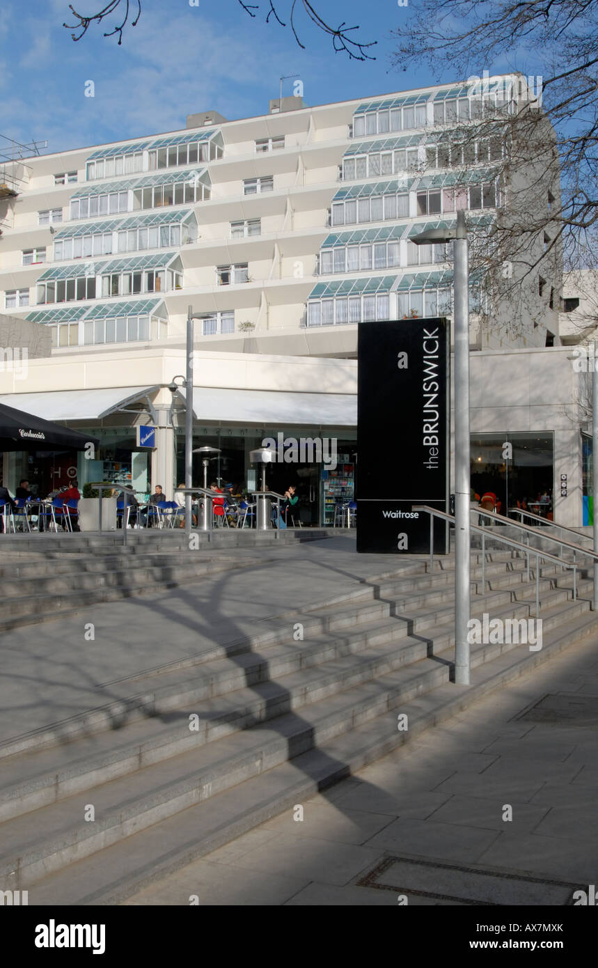 South entrance to newly redeveloped Brunswick Centre (originally built 1972, architect Patrick Hodgkinson), Bloomsbury, London Stock Photo