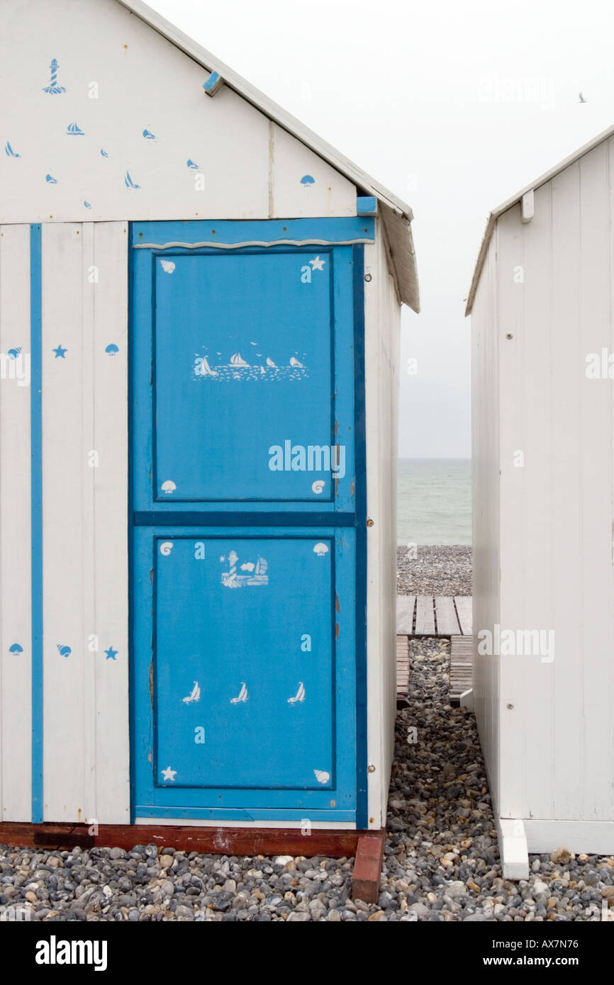 Beach huts on the front at Cayeux sur Mer Somme France Stock Photo