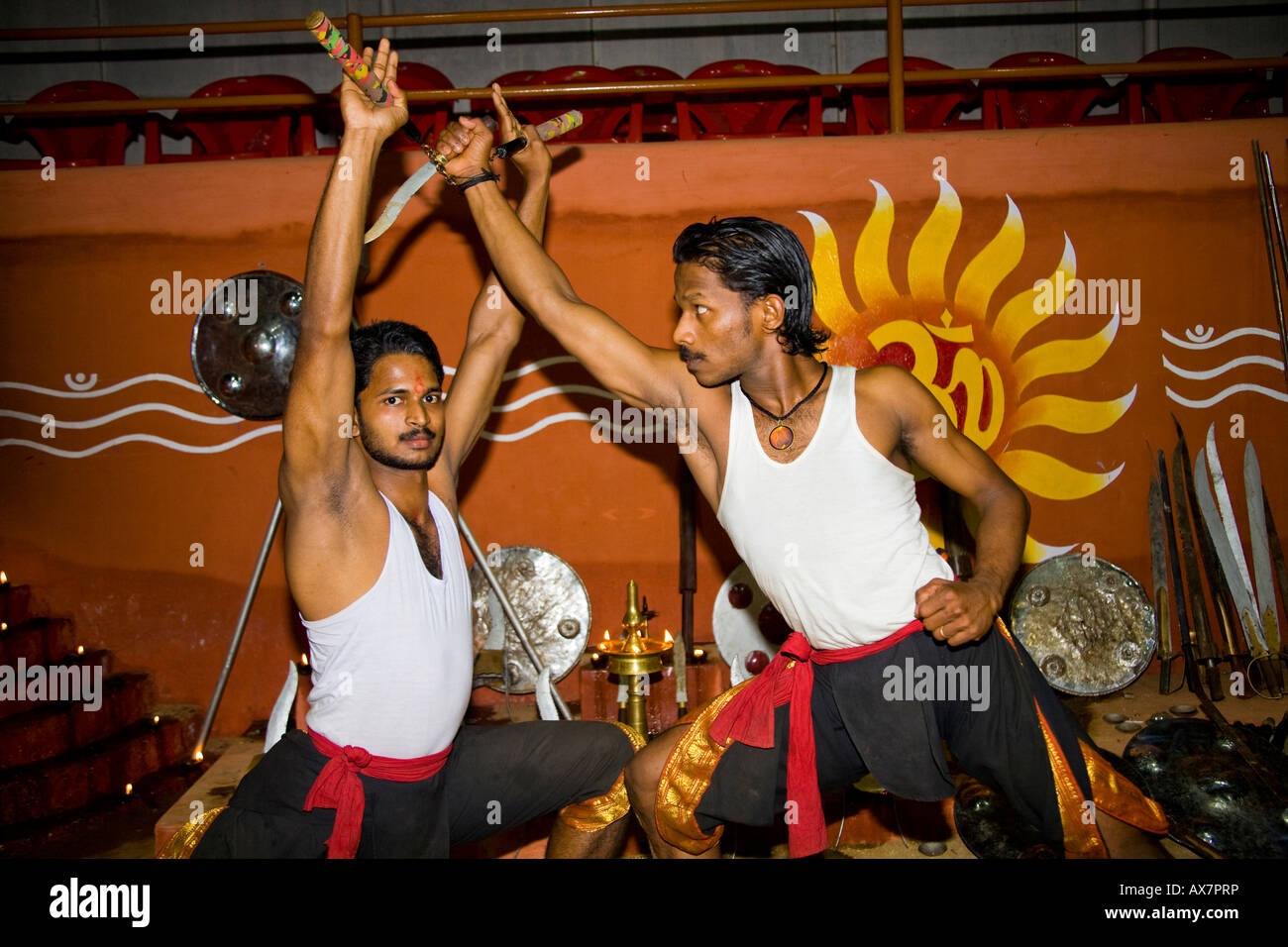 Kalarippayattu martial arts performers fighting, Kerala Kalari Centre