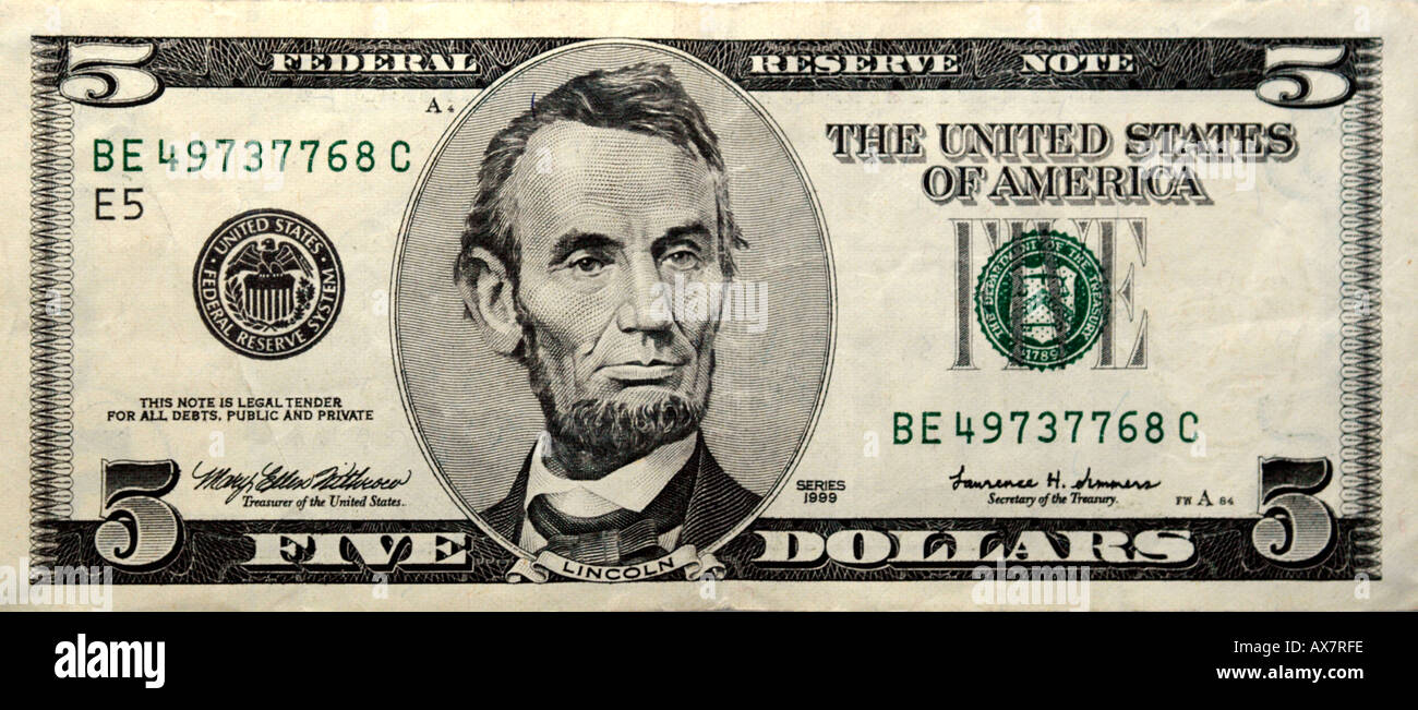 The front of an old style American Five Dollar bill Stock Photo