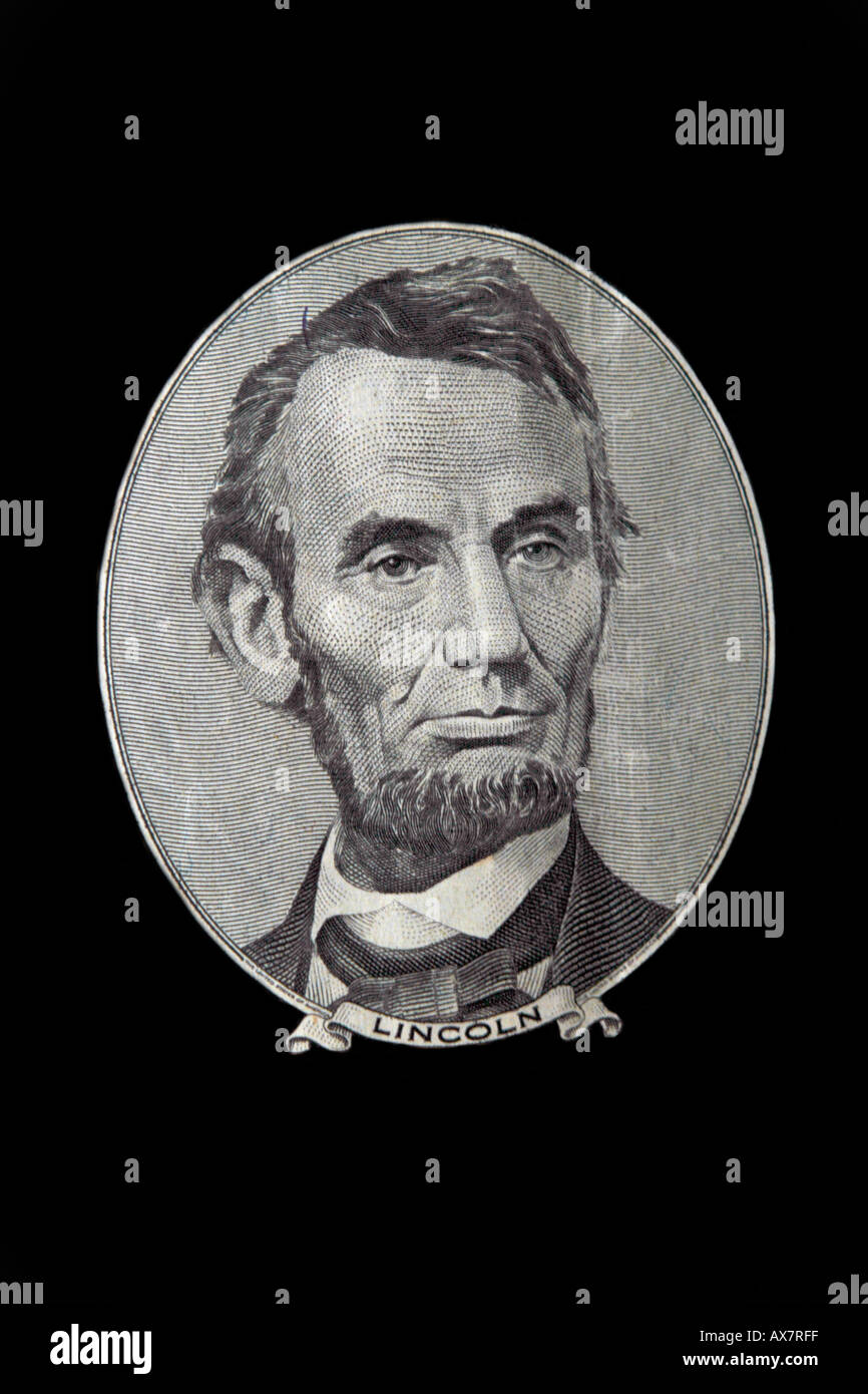 Picture of Abraham Lincoln as seen on of an American Five Dollar bill