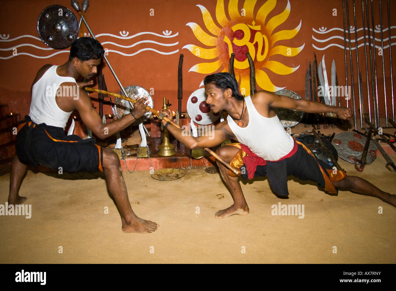 Kalarippayattu martial arts performers fighting, Kerala Kalari Centre