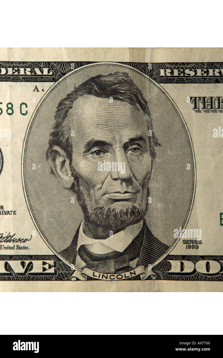 Picture of Abraham Lincoln as seen on of an American Five Dollar bill ...