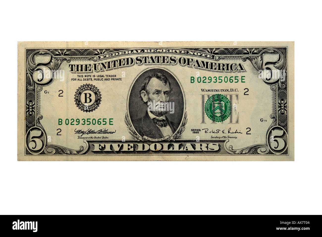The front of an old style American Five Dollar bill Stock Photo