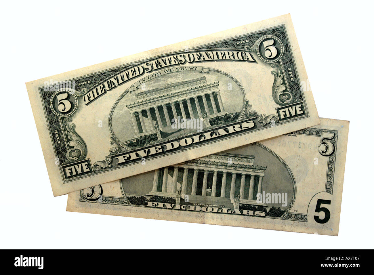 The Lincoln memorial printed on the back of all American five Dollar bills Stock Photo