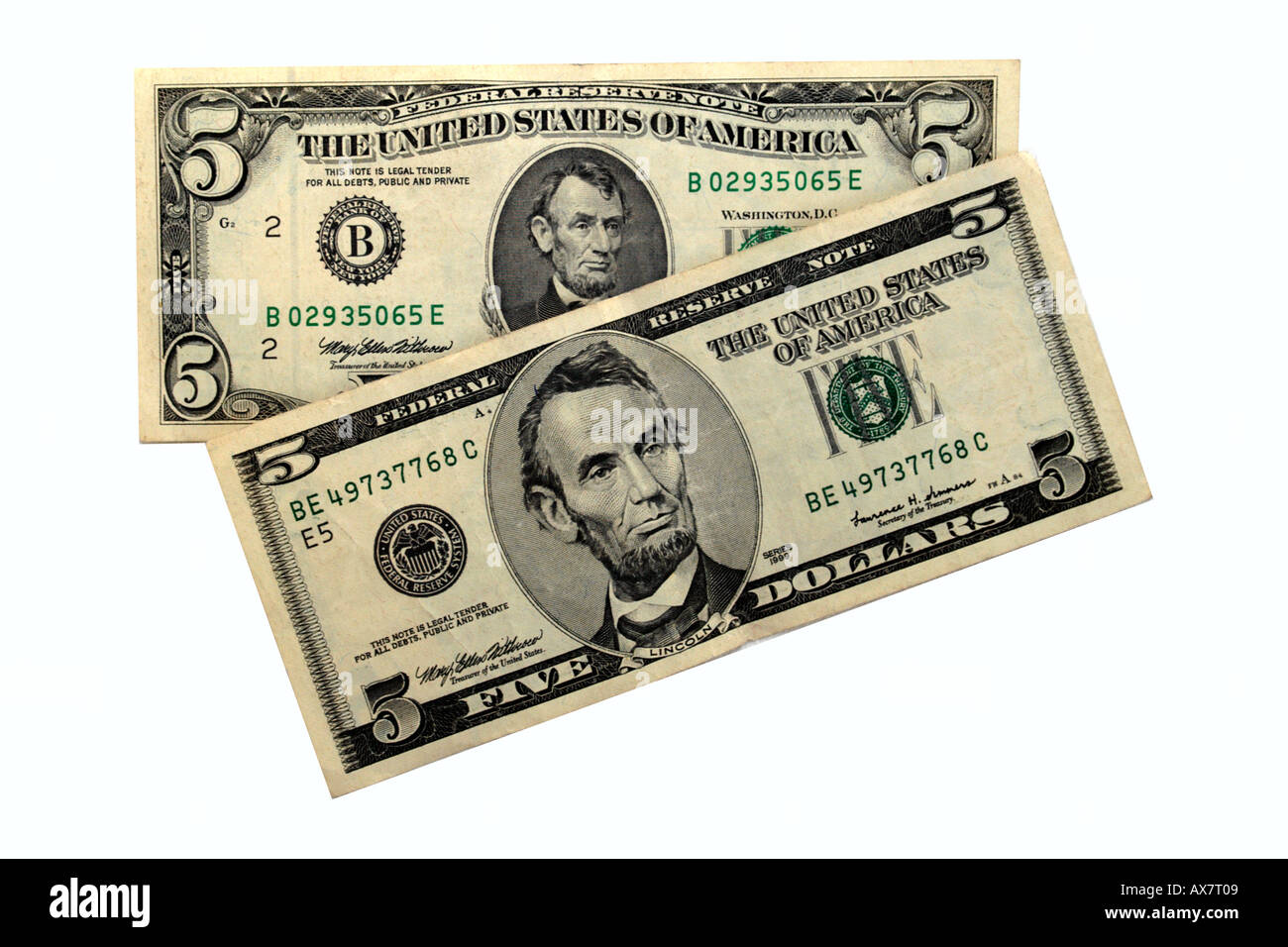 Two styles American Five Dollar bills Stock Photo