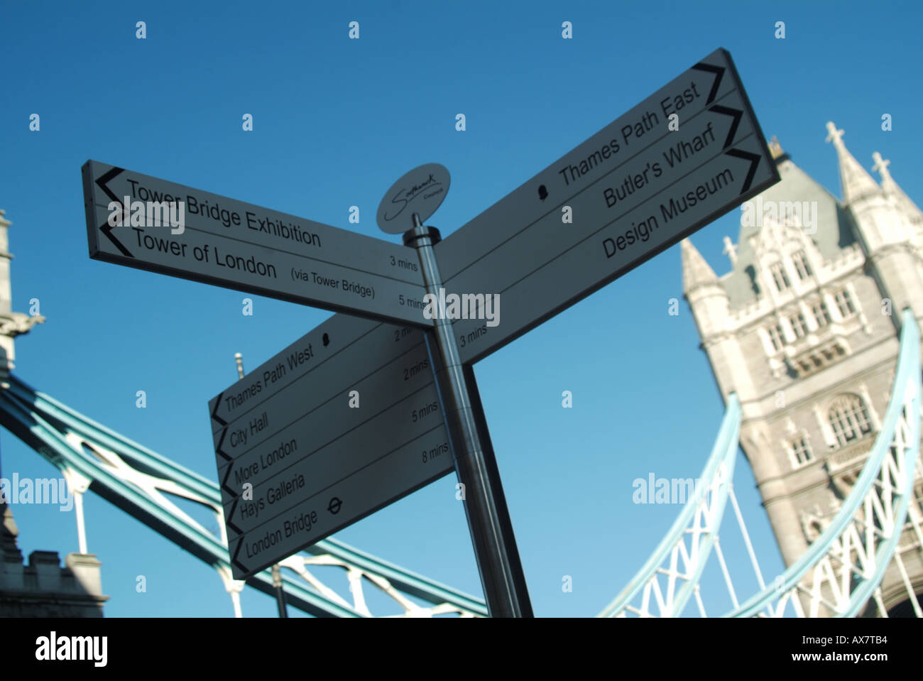 London Borough of Southwark Tower Bridge south side River Thames finger post points to locale features & attractions Stock Photo