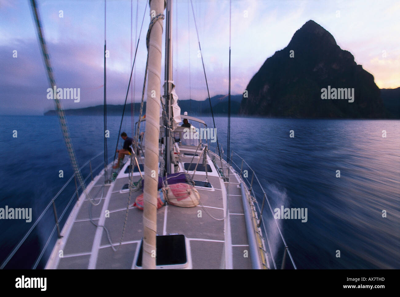 View from a sailing boat at a vulcano, Deux Pitons, St. Lucia, Winward Islands, Carribean Stock Photo
