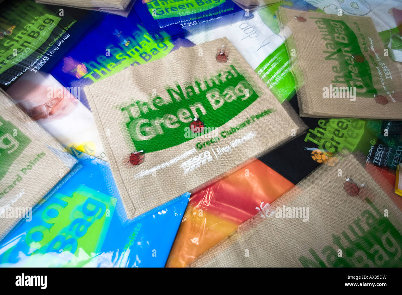 A collection of reusable shopping bags from UK shops and supermarkets