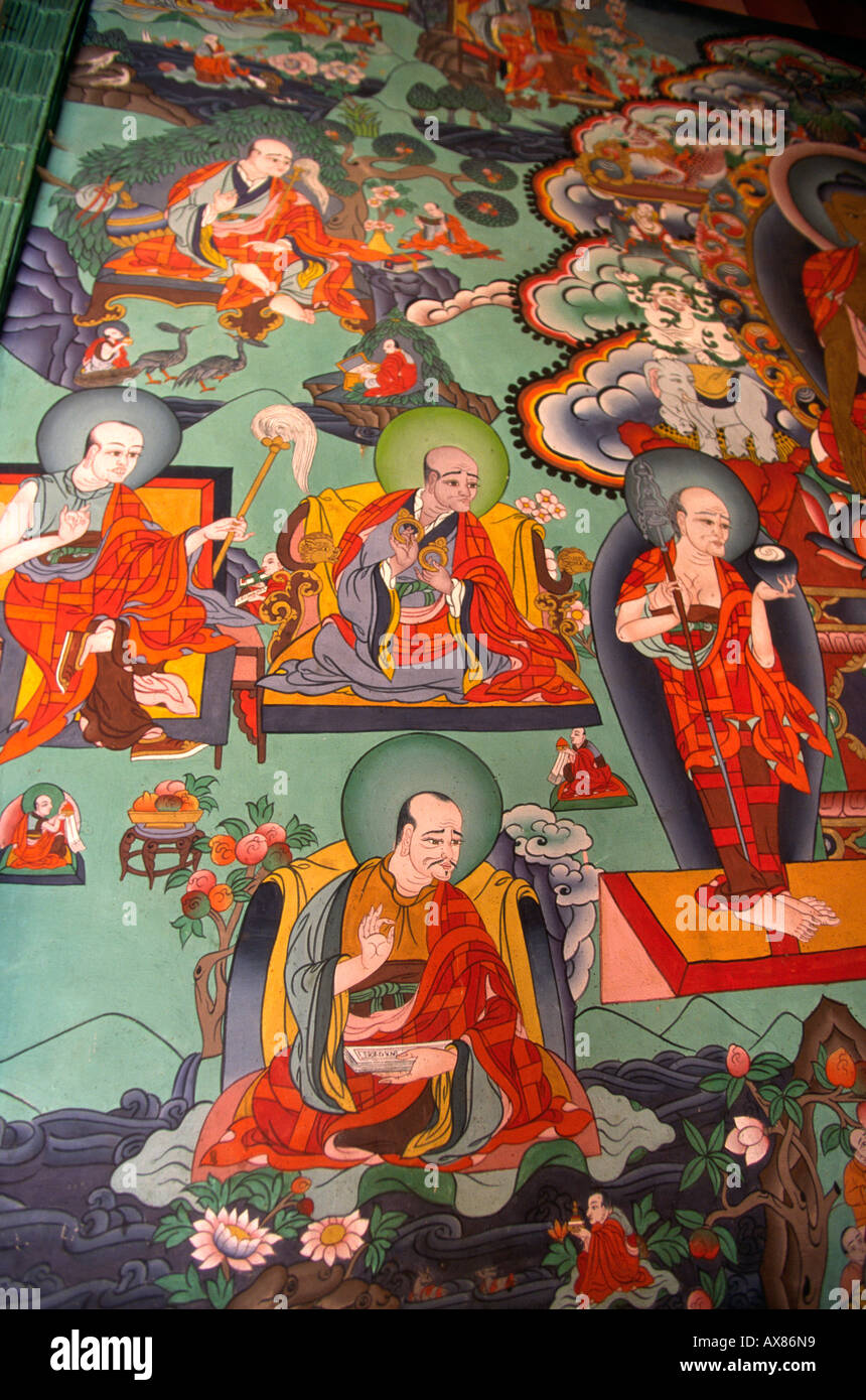 Bhutan Thimpu Trashi Chhoe Dzong Nunnery wall painting Stock Photo
