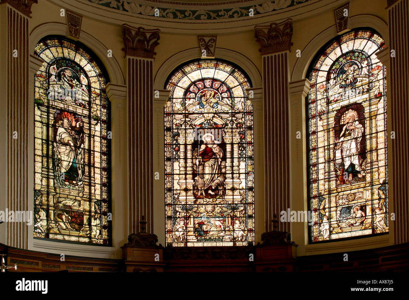 Manchester St Anns church arched stained glass altar windows Stock Photo
