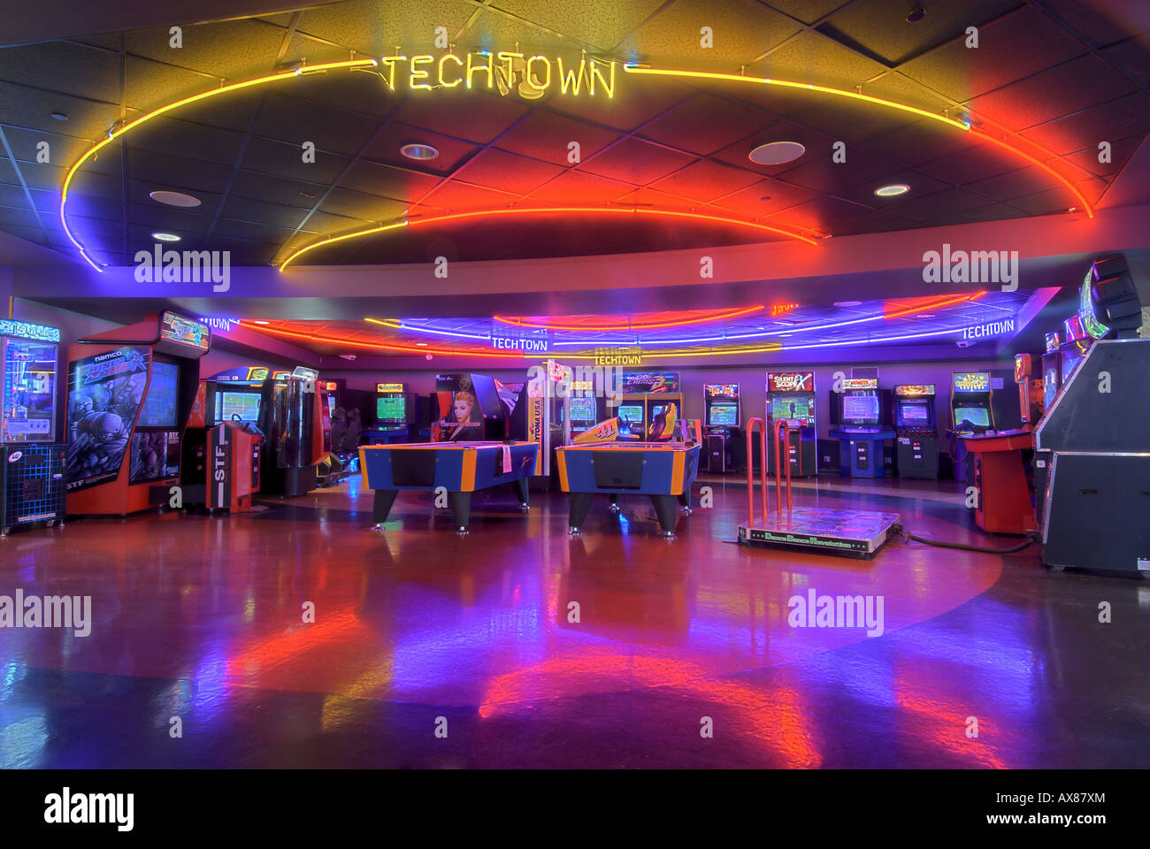 A vibrant and colourful high tech gaming arcade Stock Photo