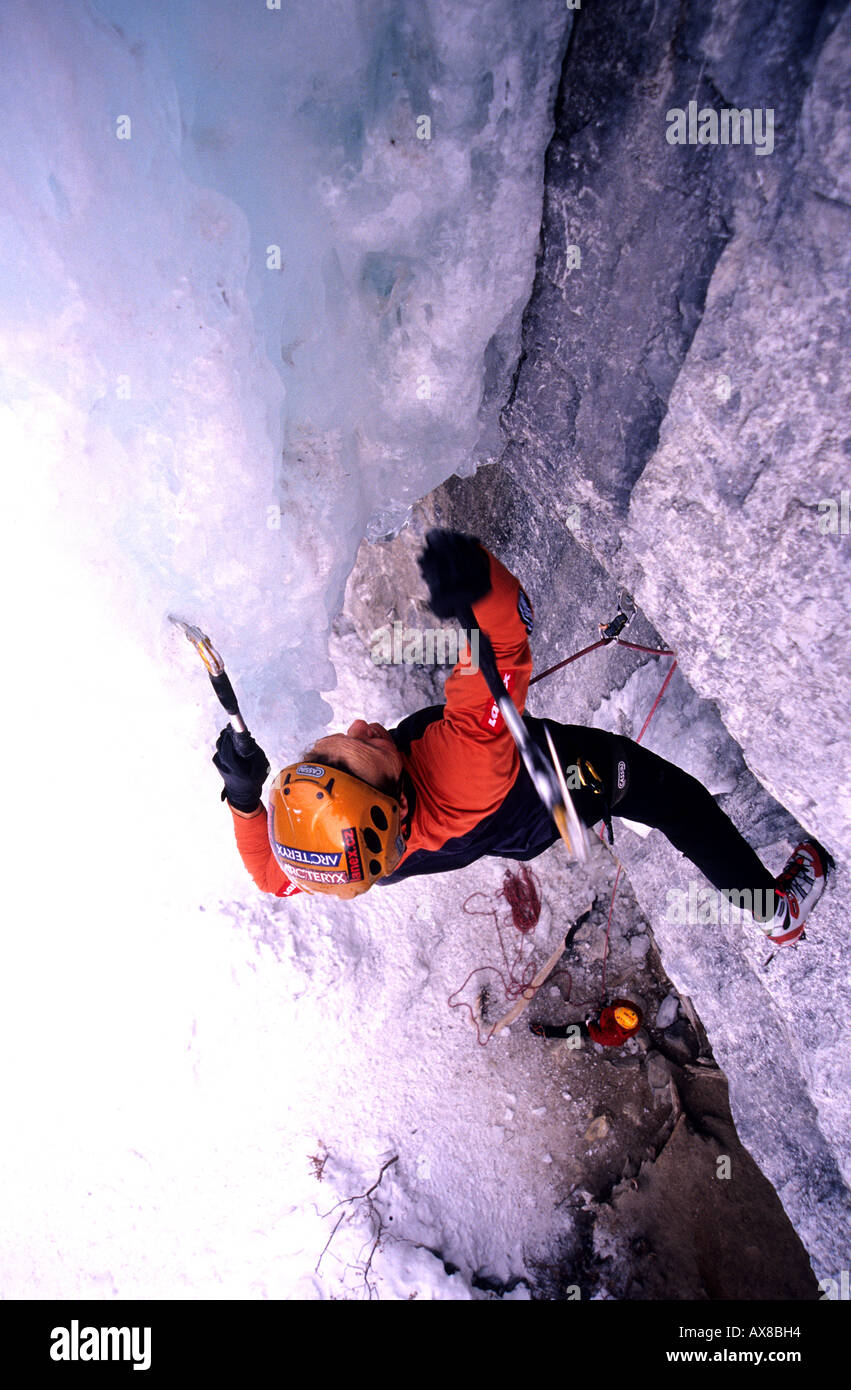 Man ice climbing on overhang hi-res stock photography and images - Alamy
