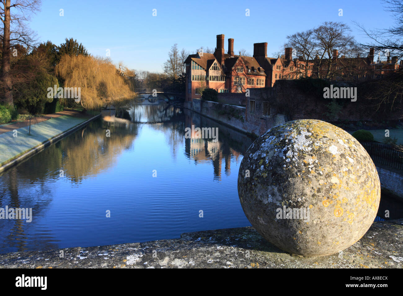 'Clare College Cambridge Bridge' ball and 'River Cam' looking towards 'Trinity College on a frosty morning Stock Photo