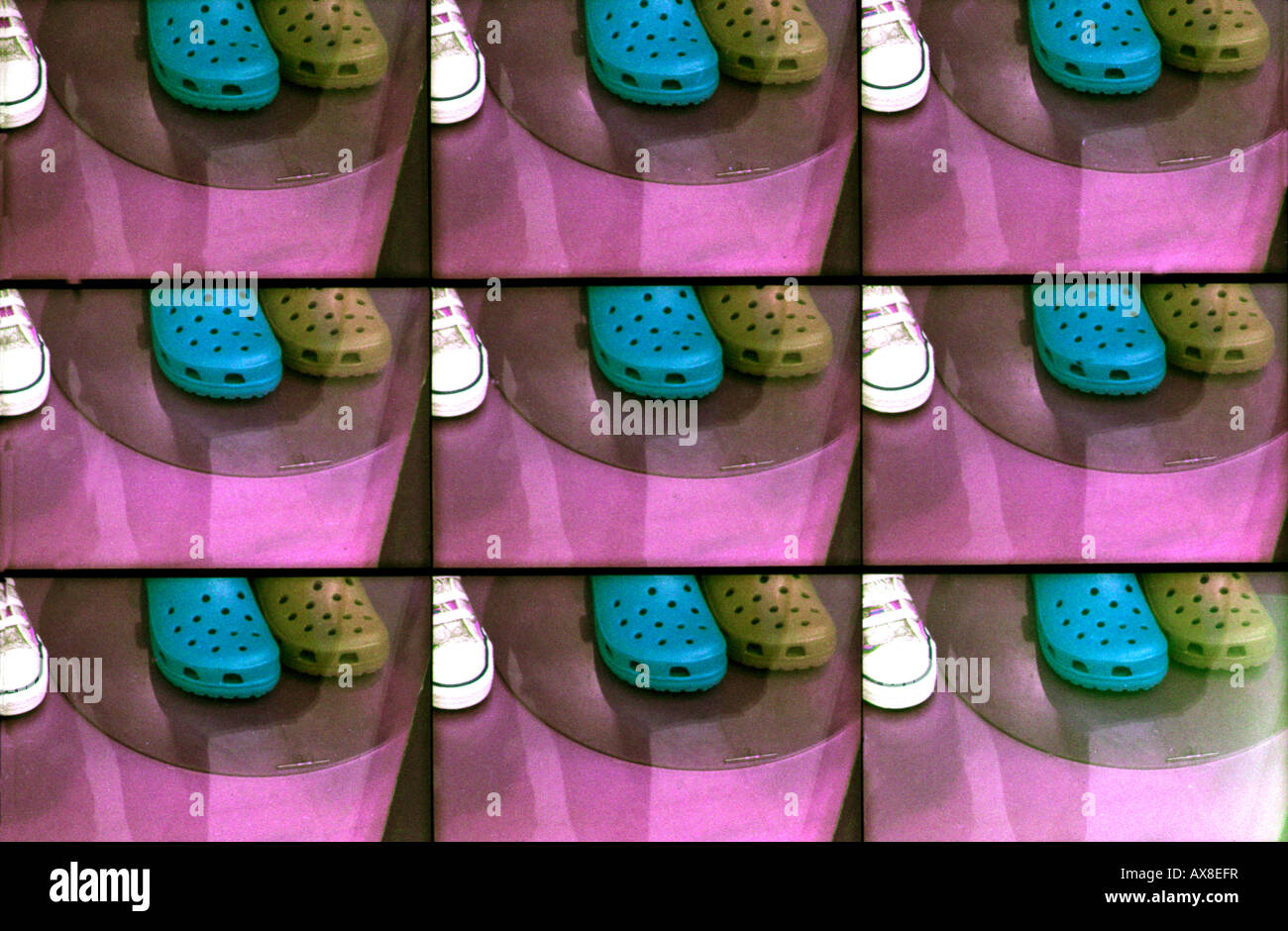 Multi lens Lomo camera view of Crocs and trainers on display in London shop  Stock Photo - Alamy