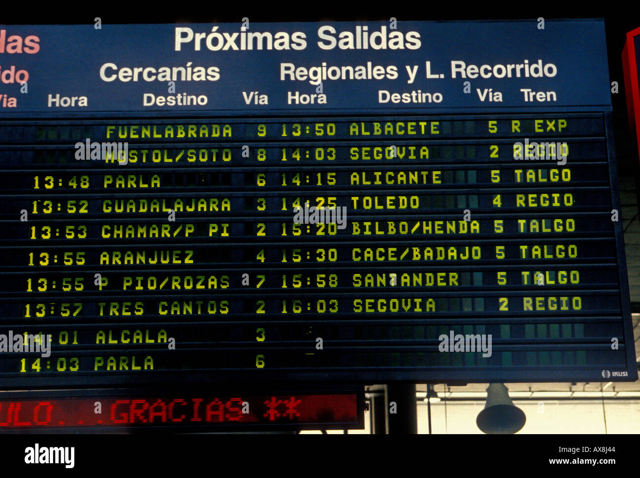 train schedule, timetable, train departures, scheduled departures, salidas, Atocha Railway Station, Madrid, Madrid Province, Spain, Europe Stock Photo