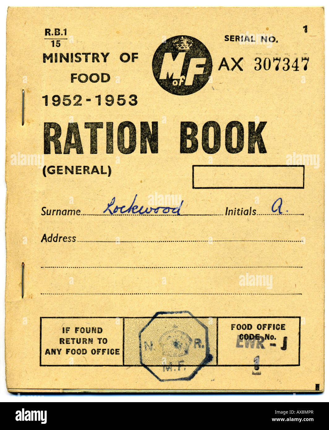 1950s Ministry of Food Ration Book 1952 1953 FOR EDITORIAL USE ONLY Stock Photo