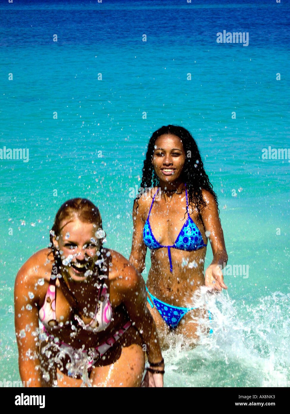 Girls in the Water, Carribbean Beach, Cartagena, Colombia, South Stock