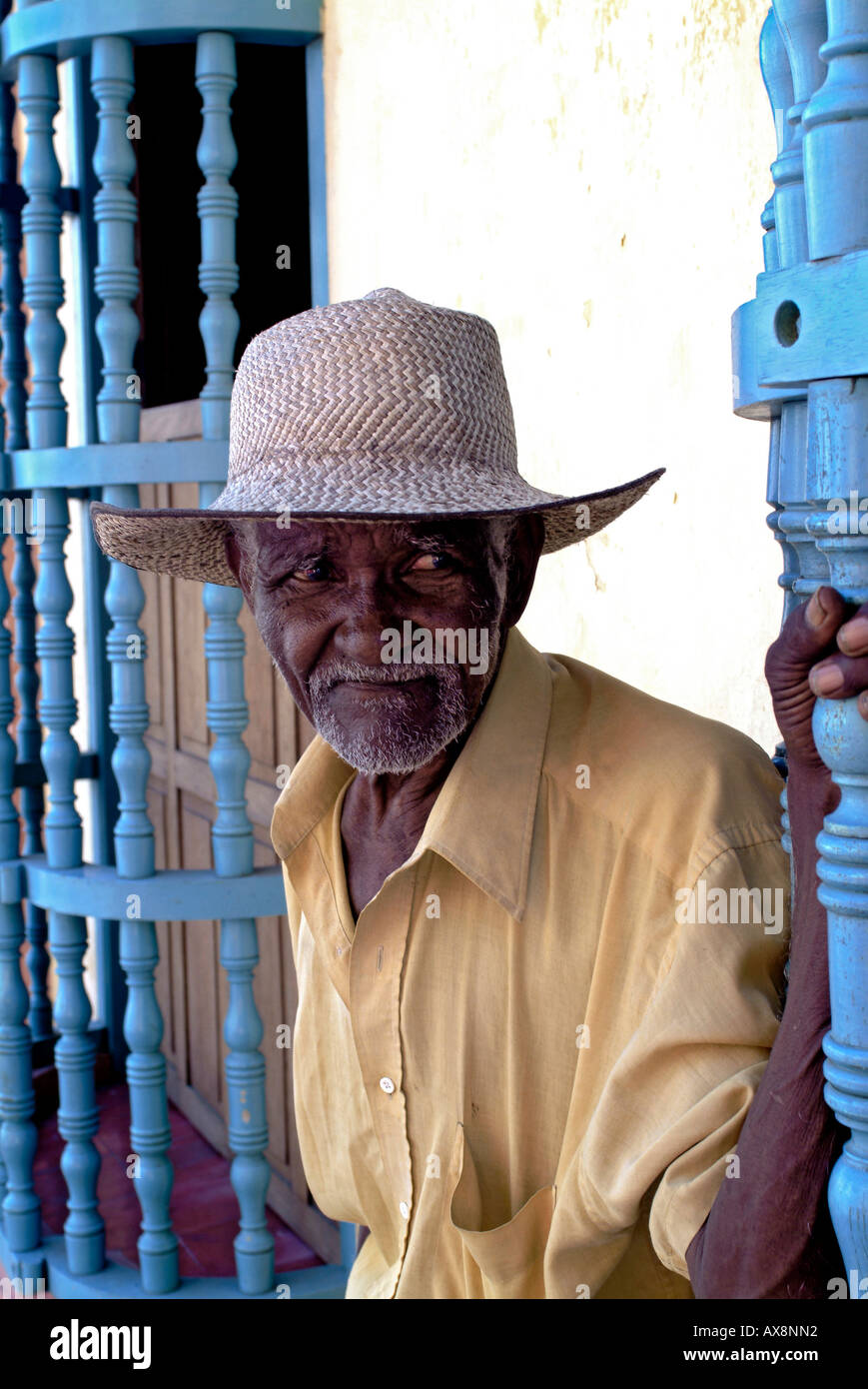 Old Man in Cartagena, Colonial Window, Cartagena, Colombia, South America Stock Photo