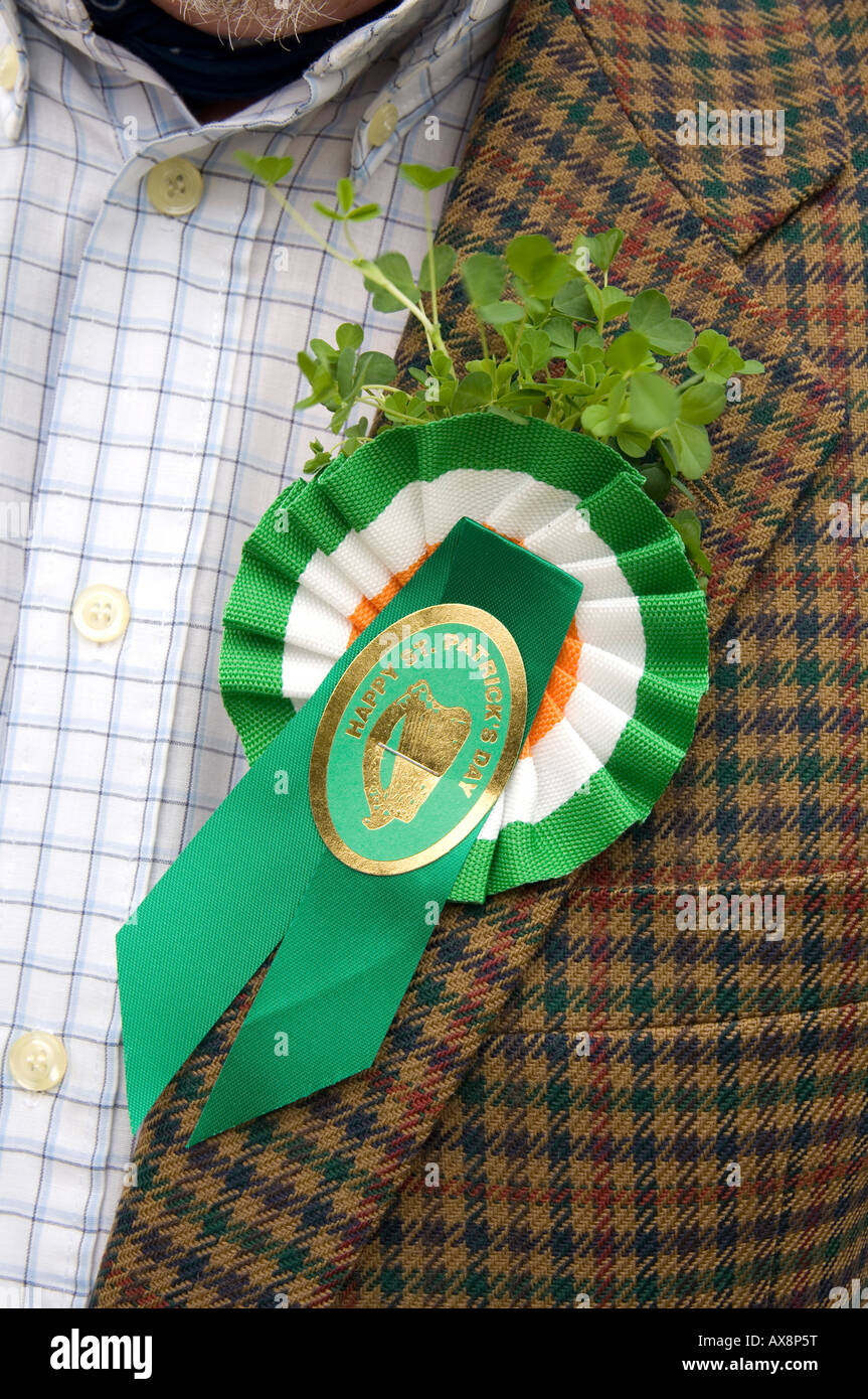 St Patricks Day, March 17th - badge and shamock are worn Stock Photo