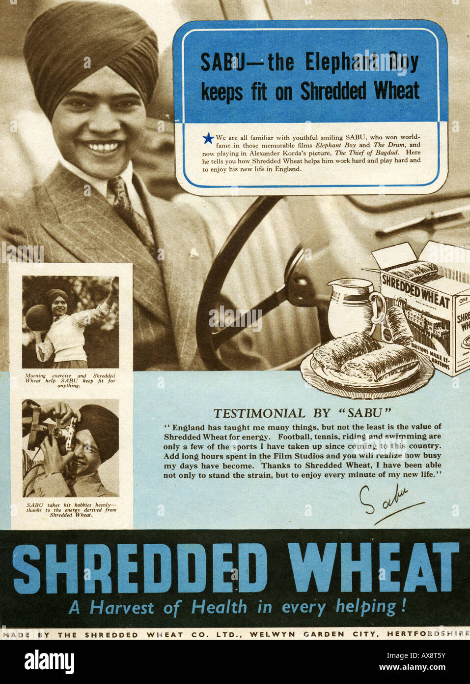 Shredded Wheat Advert Advertisement with Sabu the Elephant Boy from Screen Pictorial Summer Annual 1939 FOR EDITORIAL USE ONLY Stock Photo