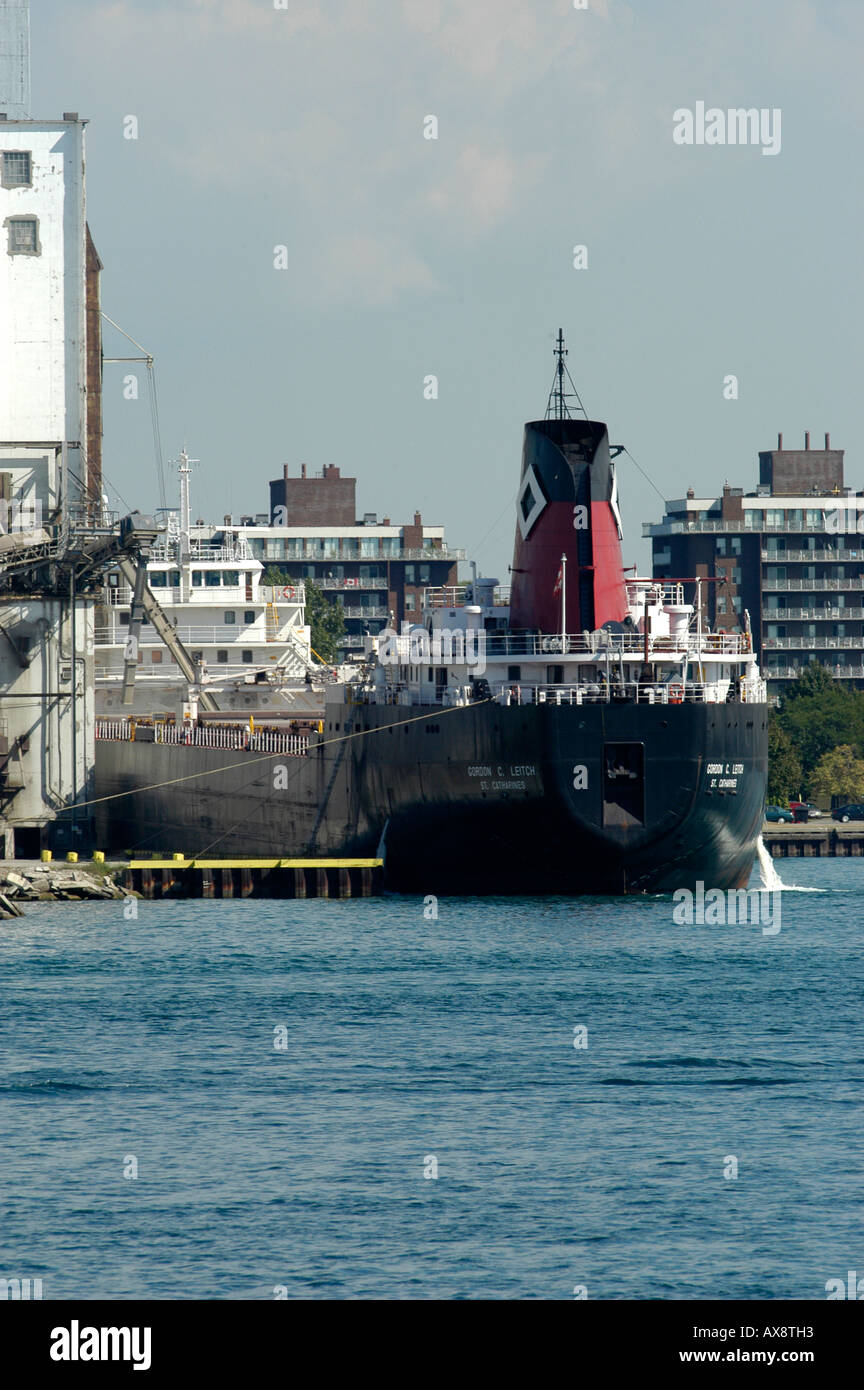 Ship off loads cargo on the Great Lakes at the St Clair River in Port