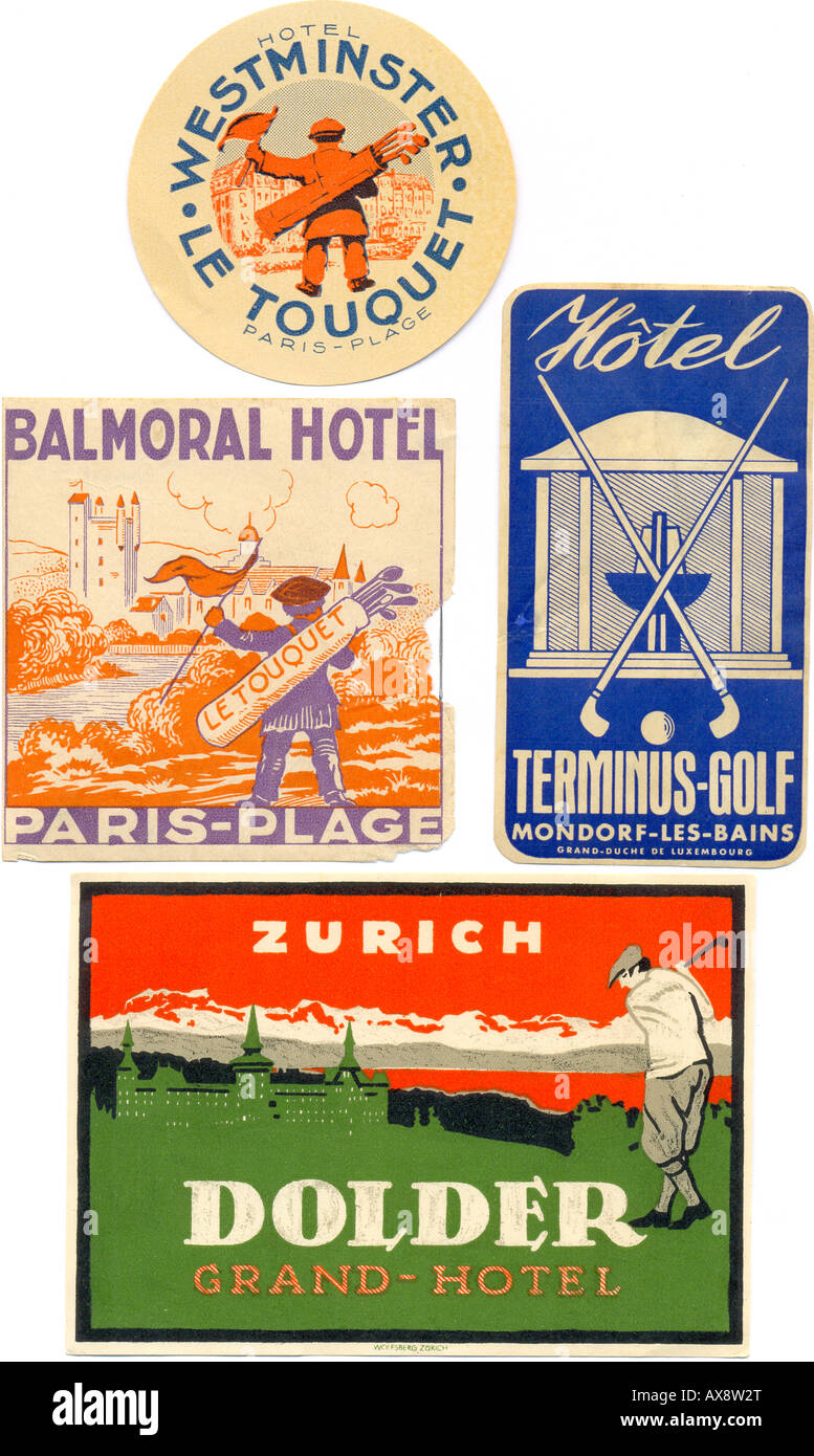 Luggage labels for golf hotels 1930s Stock Photo