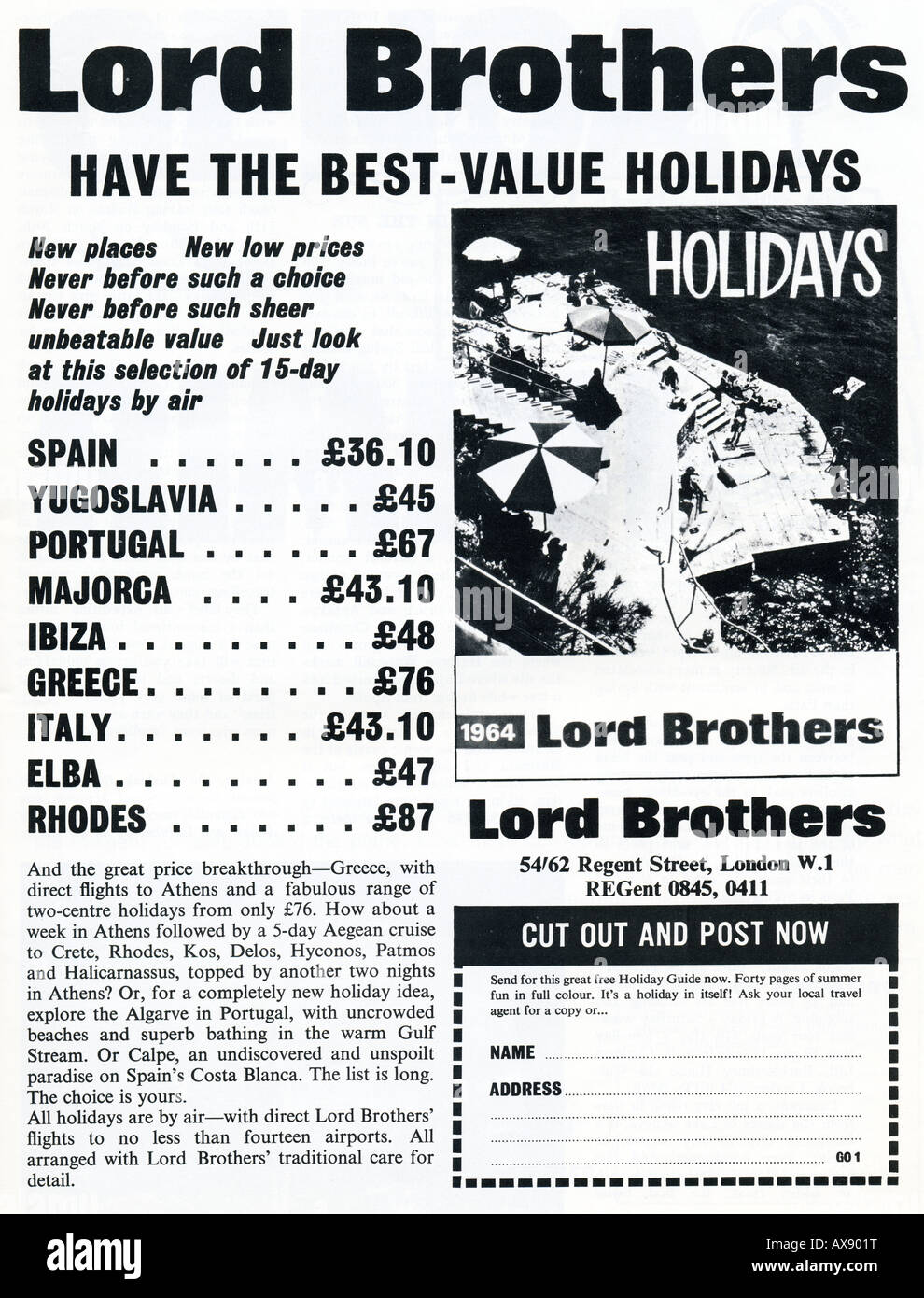1964 GO Magazine advertisement for Lord Brothers holidays in FOR EDITORIAL USE ONLY Stock Photo