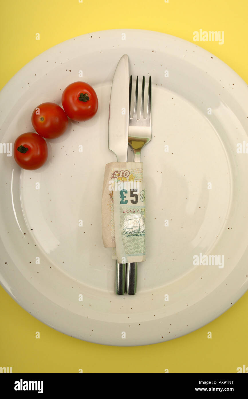 The cost of a meal concept food plate money cash cutlery Stock Photo