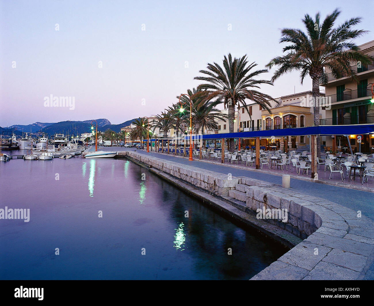 Harbour promenade with cafes, Port d'Andratx, Mallorca, Majorca Stock