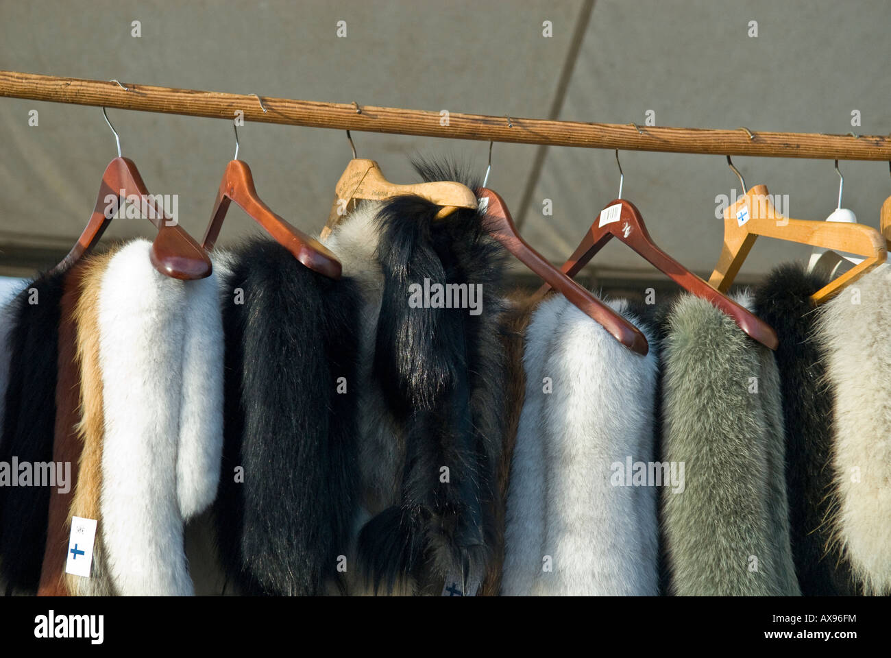 Fur coats for sale in a market in Helsinki, Finland Stock Photo