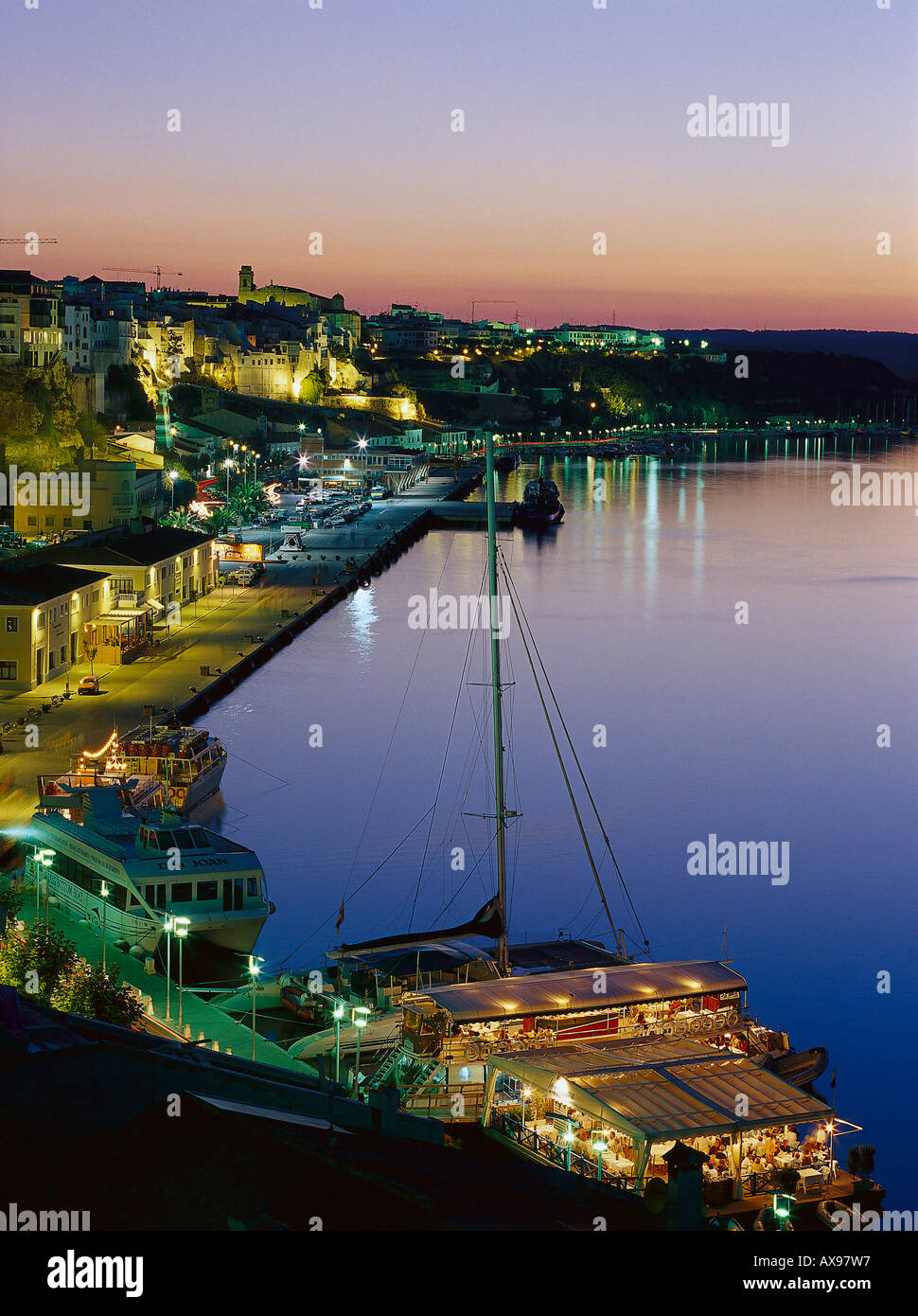 Moll de Ponent, dock area, floating restaurant, boats, harbour, townscape of Maó, Mahon, Menorca, Minorca, Balearic Islands, Med Stock Photo