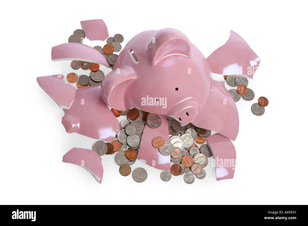 Broken Piggy Bank cut out on white background Stock Photo