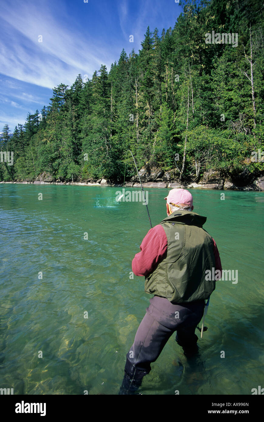 Flyfisherman playing steelhead Dean river BC Stock Photo