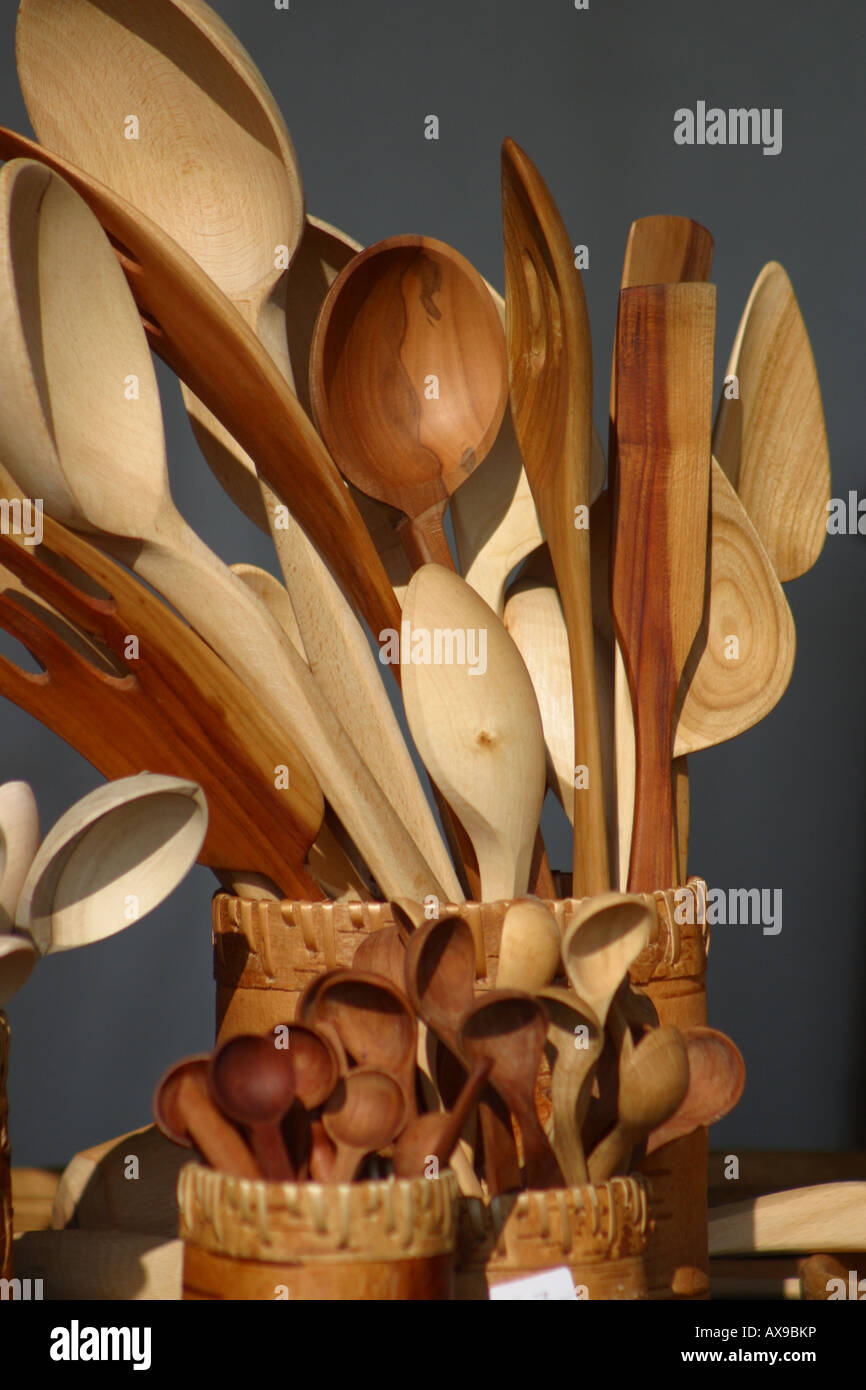 brown big little wooden wood carved spoons pattern Stock Photo