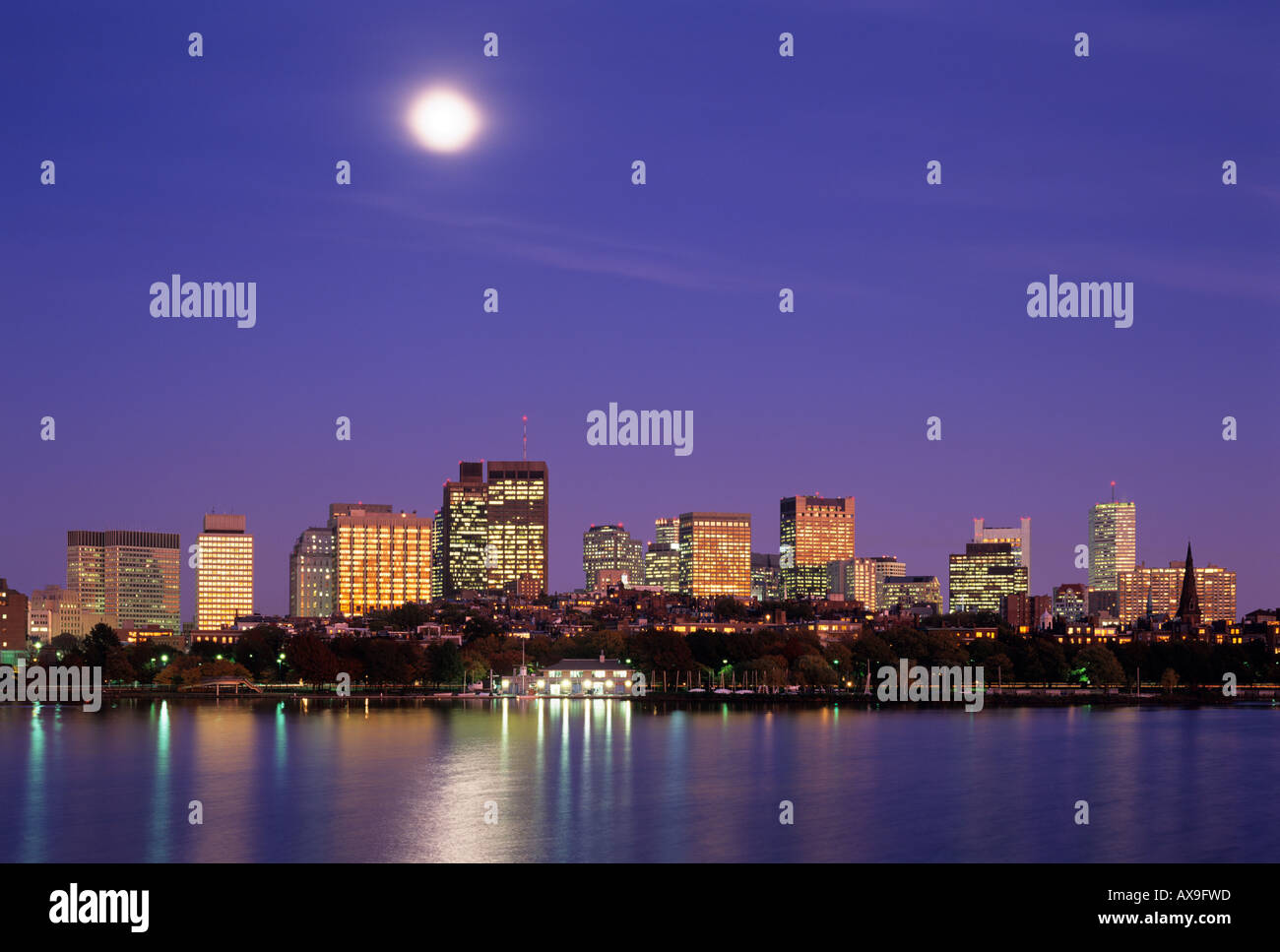 Moon over Boston skyline Massachusetts USA Stock Photo