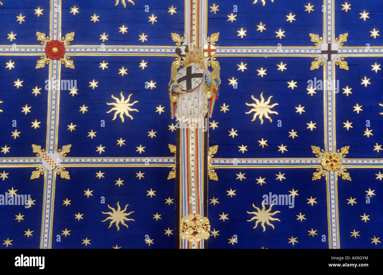 Carlisle Cathedral Cumbria blue painted vaulted ceiling stars angel heraldic devices heraldry Medieval English architecture Stock Photo