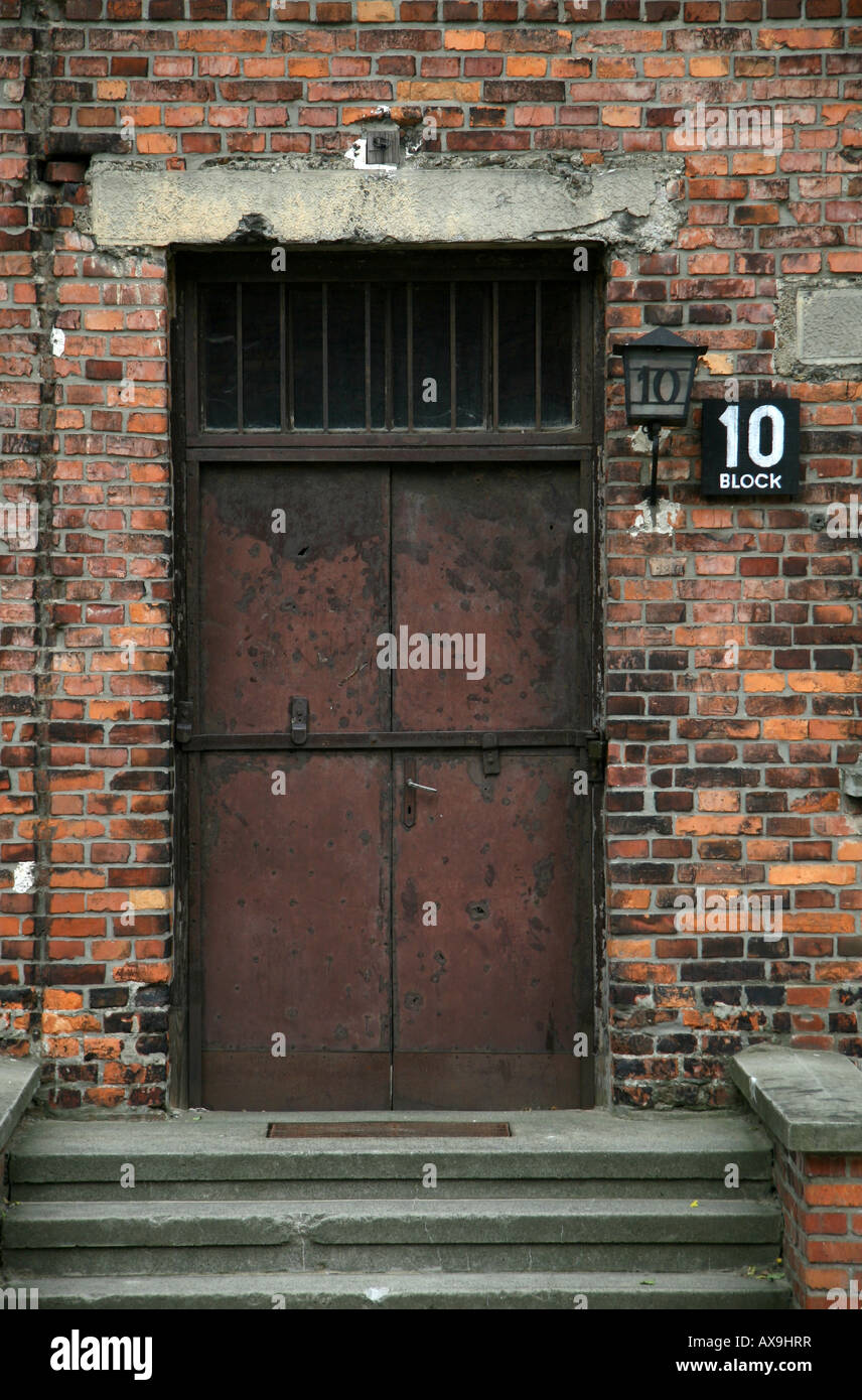 The main entrance door to Block 10, Auschwitz-Birkenau Museum, Oswiecim, Poland. Stock Photo