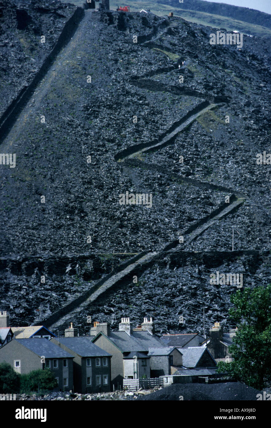 Slate spoil heap at mine above houses Blaenau Ffestiniog North Wales UK