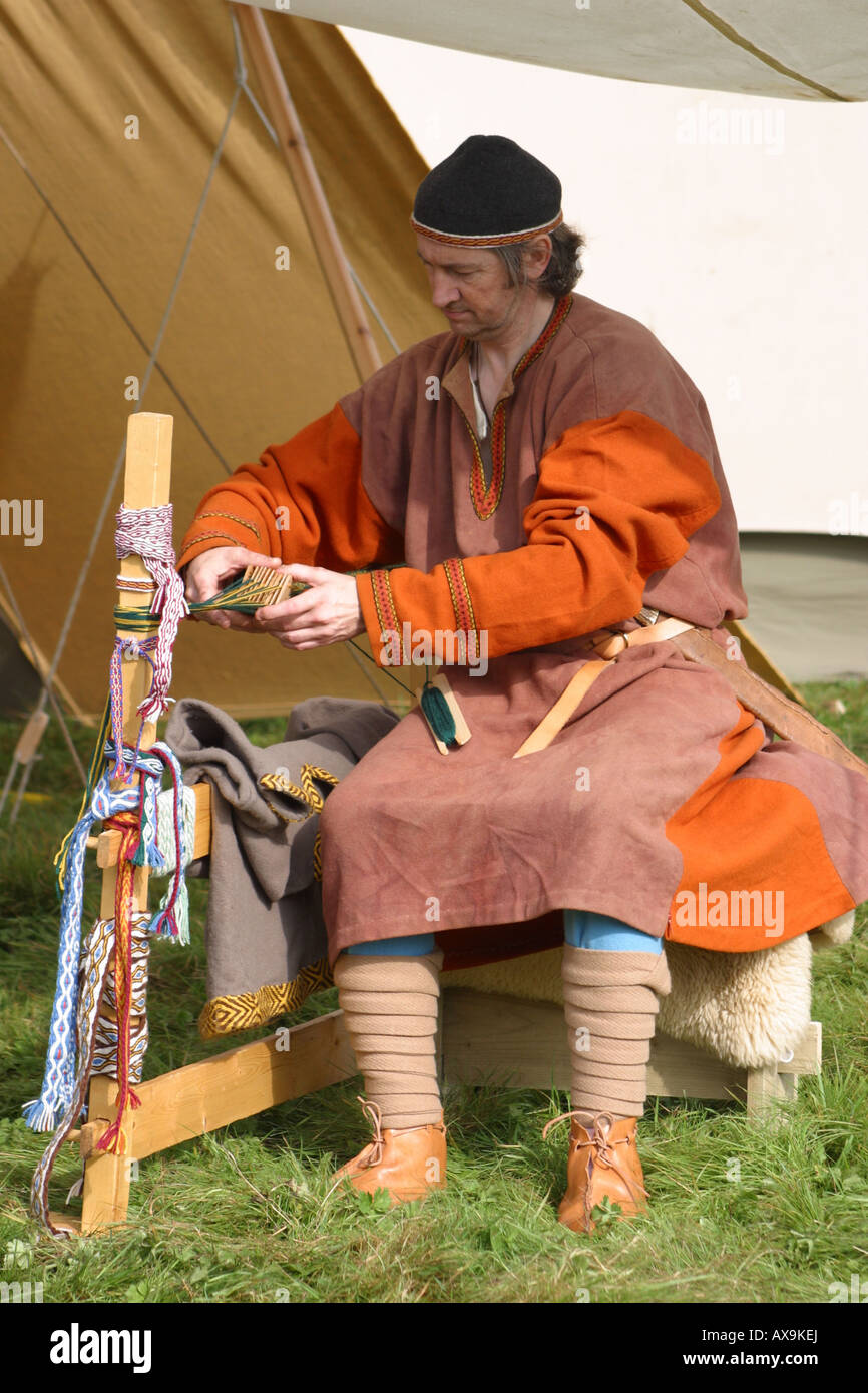 saxon weaver seated loom weaving medieval of hastings east sussex