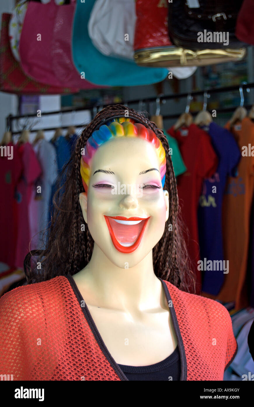 gaudily coloured shop dummy, located at a market in phetchabun