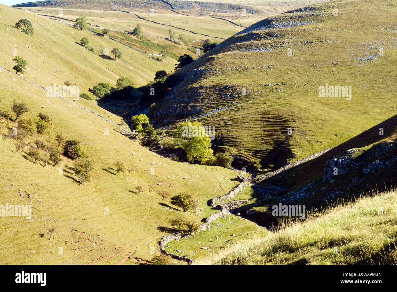 Interlocking spurs in the Yorkshire Dales near Kettlewell Stock Photo