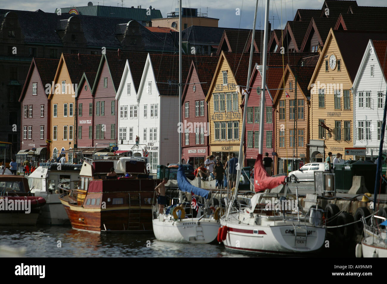 Row of wooden houses in the harbour district, Vagen, Brygge, Bergen, Hordaland, Norway Stock Photo