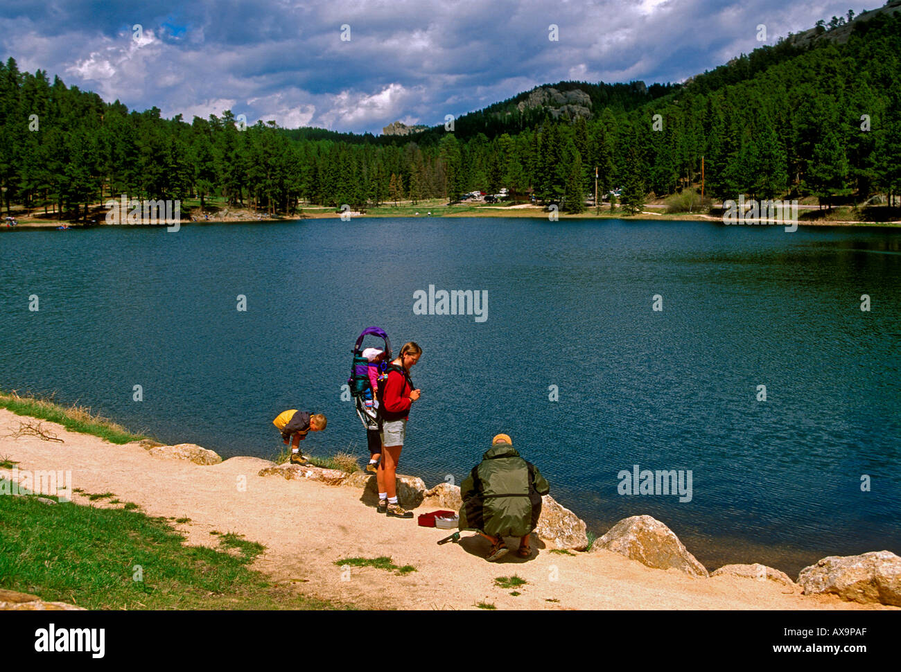 people, mother, father, children, family, fishing, family vacation, Sylvan Lake, Custer State Park, Black Hills, South Dakota, United States Stock Photo