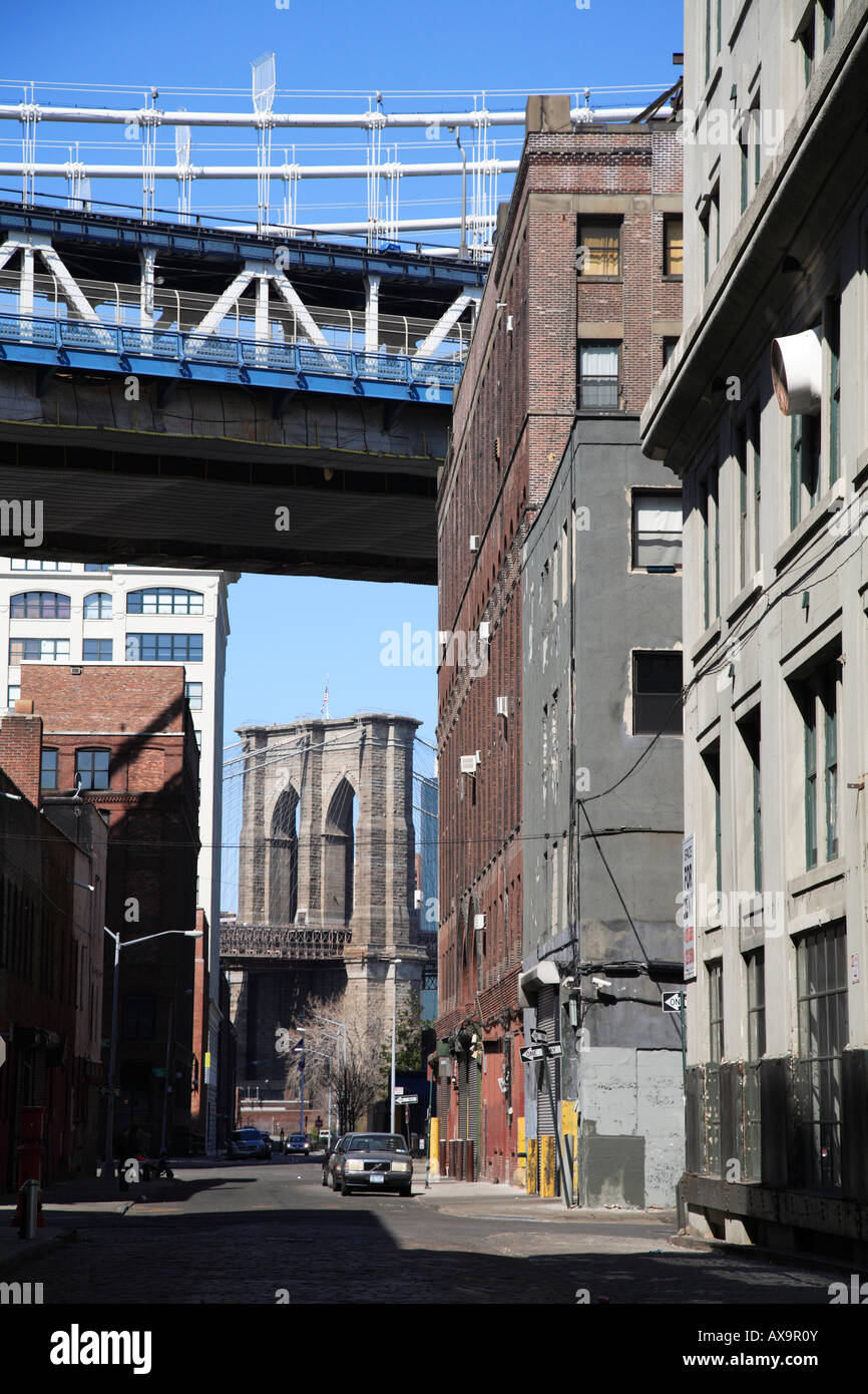 Manhattan and Brooklyn Bridges as seen from street in Dumbo (Down Under the Manhattan Bridge